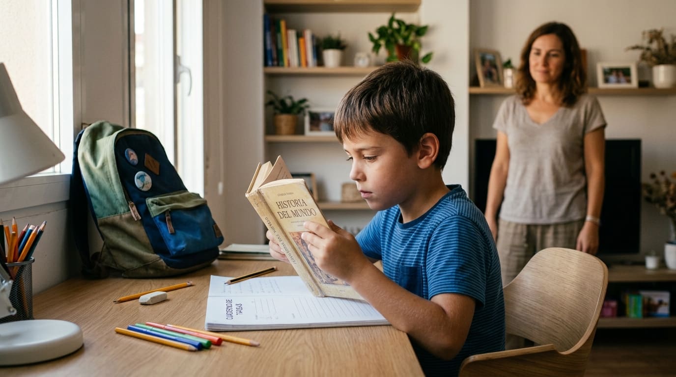 Niño haciendo los deberes en casa mientras su madre lo observa
