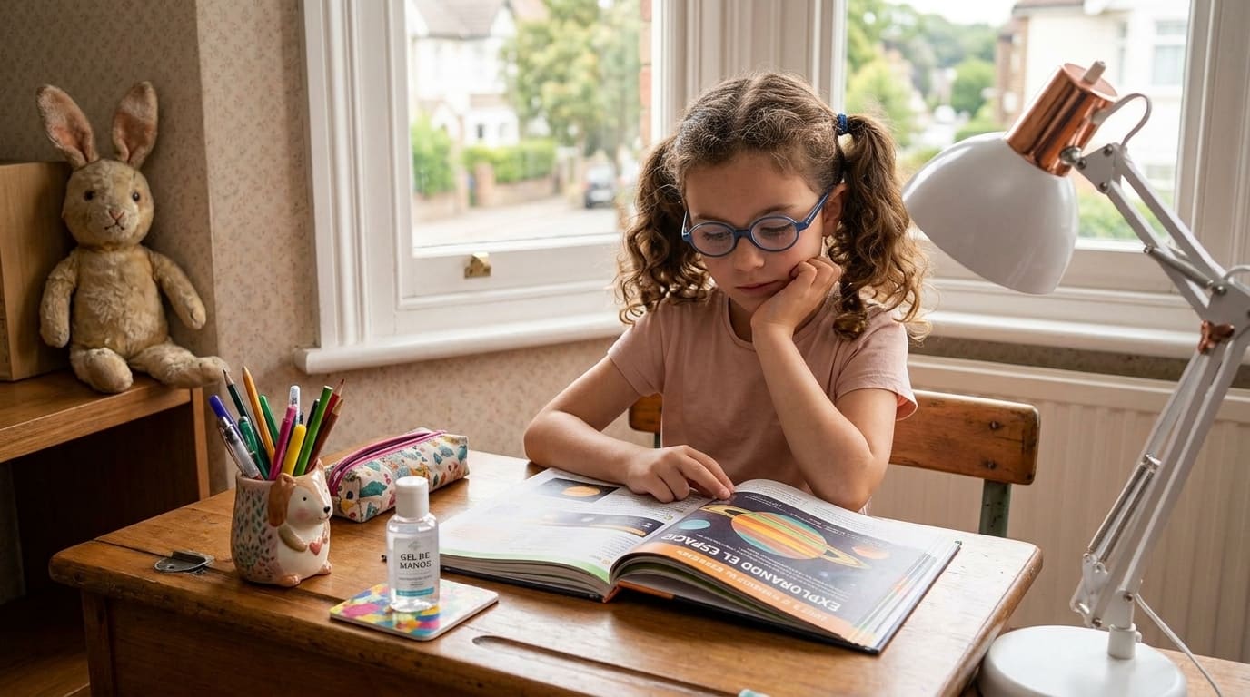 Niña con gafas leyendo un libro con la mano en la mejilla