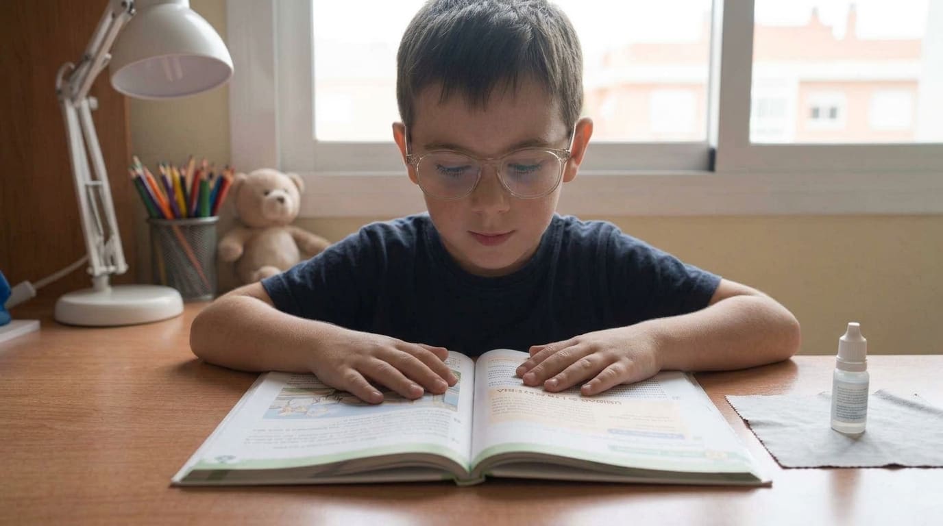 Niño con gafas inclinado sobre un libro abierto, leyendo de cerca